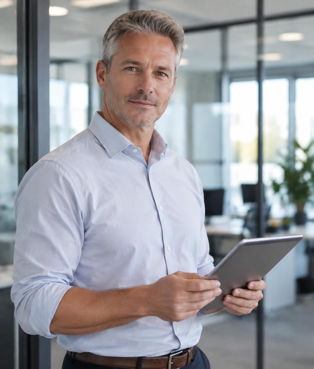 A facilities manager reviewing open issues on a tablet in a modern office